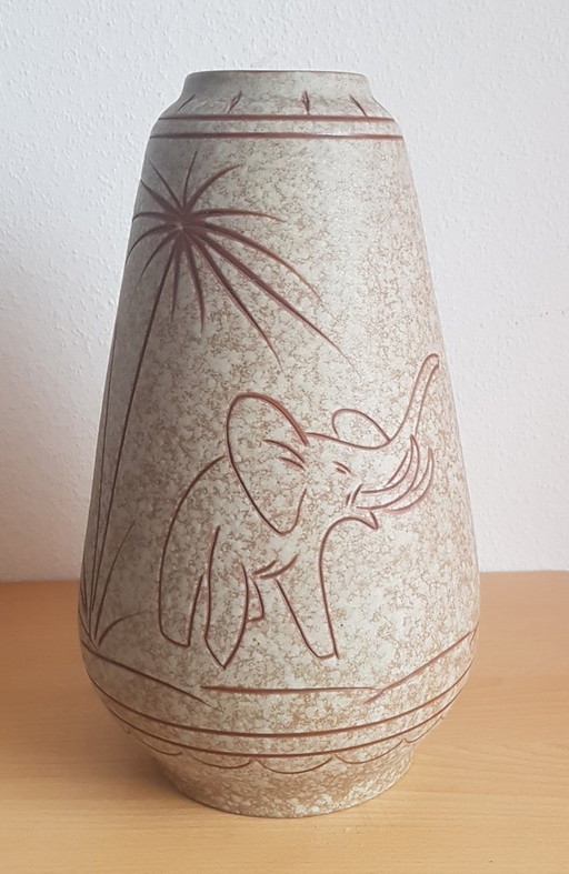 Ceramic Vase With Elephant And Palm Tree