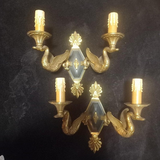 Image 1 of Pair of Antique Empire Style Wall Lights. Bronze Dore Modele Aux Cygnes Lucien Gau