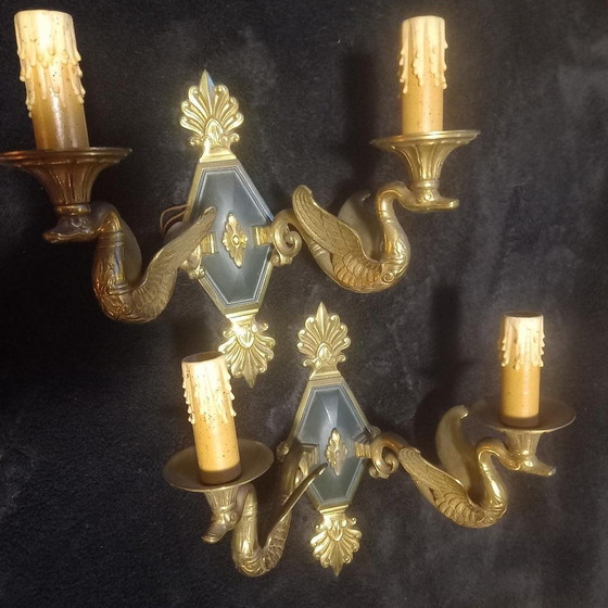 Image 1 of Pair of Antique Empire Style Wall Lights. Bronze Dore Modele Aux Cygnes Lucien Gau