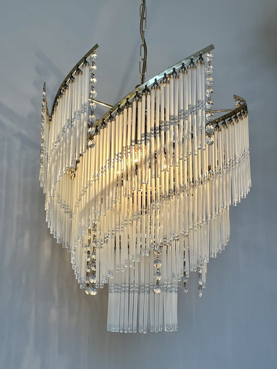 Image 1 of Vintage design chandelier 80's modern translation of 20's chandelier crystal bars