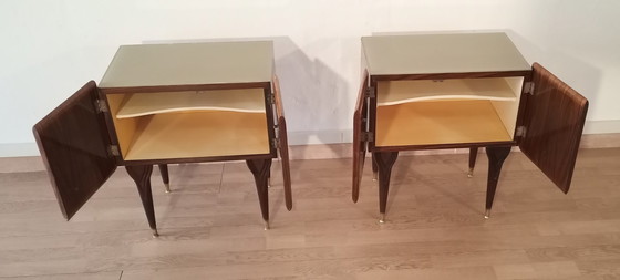 Image 1 of 2x Mid-Century Art Deco Italian Nightstands in Walnut with Glass Tops