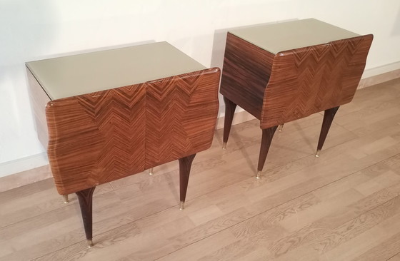 Image 1 of 2x Mid-Century Art Deco Italian Nightstands in Walnut with Glass Tops