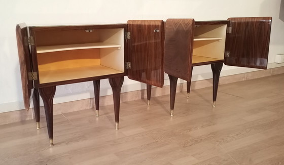 Image 1 of 2x Mid-Century Art Deco Italian Nightstands in Walnut with Glass Tops