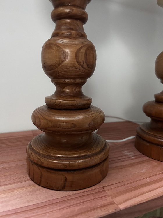 Image 1 of Pair Of Turned Wood And White Globe Lamps