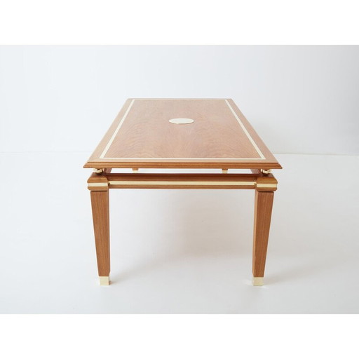 Vintage dining table in limed oak and brass by Tommaso Barbi, Italy 1970