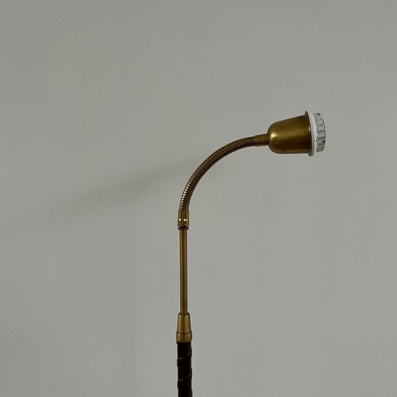 Image 1 of Vintage danish brass and leather floor lamp, Denmark 1960s