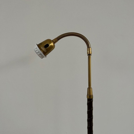 Image 1 of Vintage danish brass and leather floor lamp, Denmark 1960s
