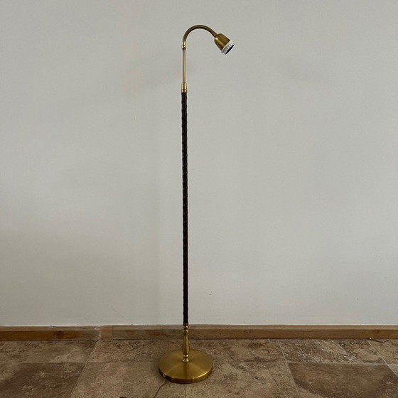 Image 1 of Vintage danish brass and leather floor lamp, Denmark 1960s
