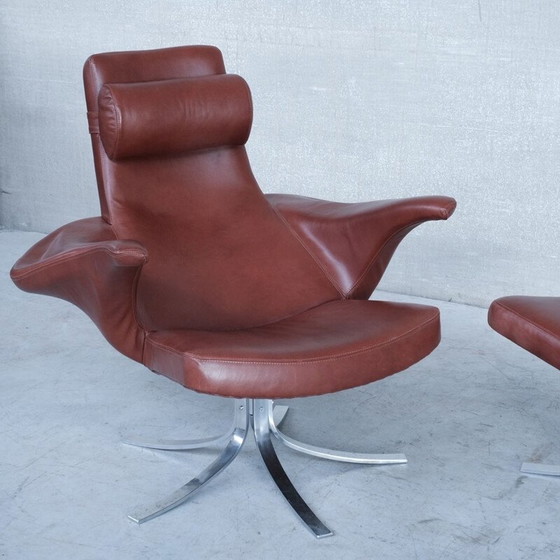 Image 1 of Poltrona danese in pelle di metà secolo con pouf di Gösta Berg per Fritz Hansen, anni '60