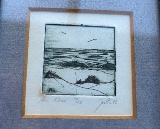 Image 1 of 2 Small Etchings In Blue Frame