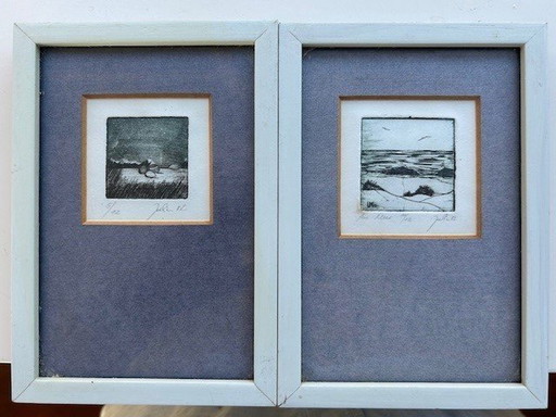 2 Small Etchings In Blue Frame