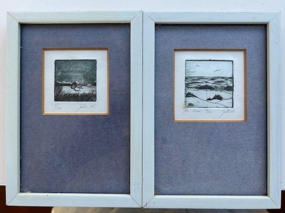 Image 1 of 2 Small Etchings In Blue Frame