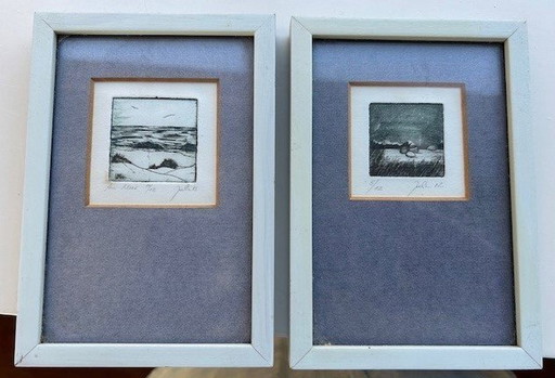 2 Small Etchings In Blue Frame