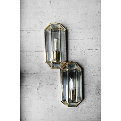 Coppia di lampade da parete geometriche vintage in vetro e ottone, Italia 1970
