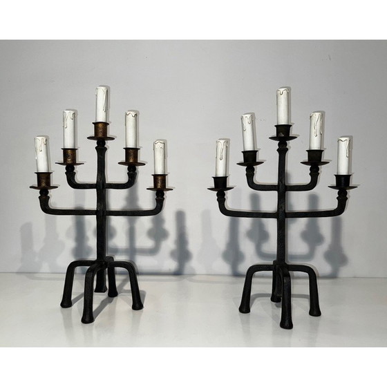 Image 1 of Pair of vintage wrought iron candelabras with 5 arms, 1940