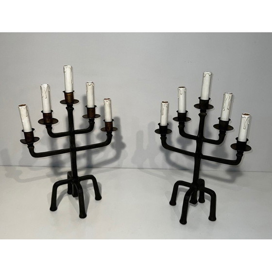 Image 1 of Pair of vintage wrought iron candelabras with 5 arms, 1940