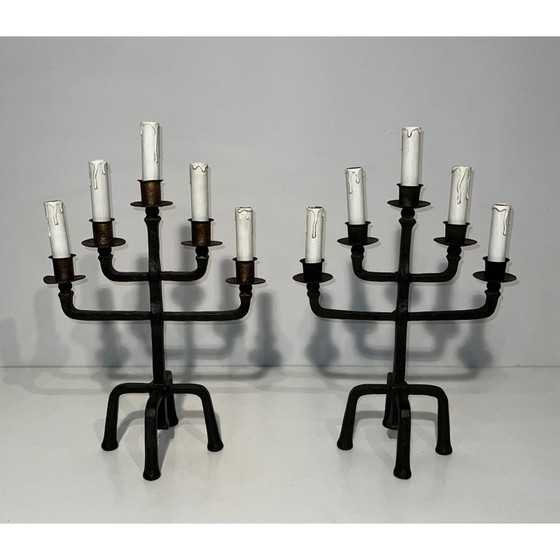 Image 1 of Pair of vintage wrought iron candelabras with 5 arms, 1940