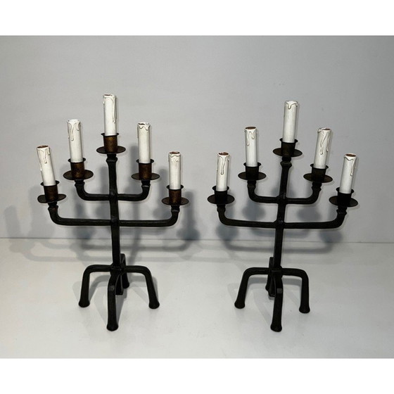 Image 1 of Pair of vintage wrought iron candelabras with 5 arms, 1940
