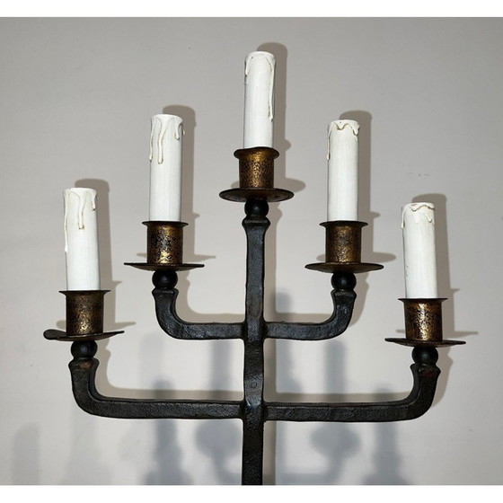 Image 1 of Pair of vintage wrought iron candelabras with 5 arms, 1940