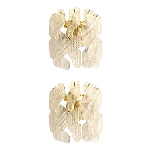 Set Of Two Transparent “Ricci” Murano Glass Gold 24K Wall Sconces In Mazzega Style