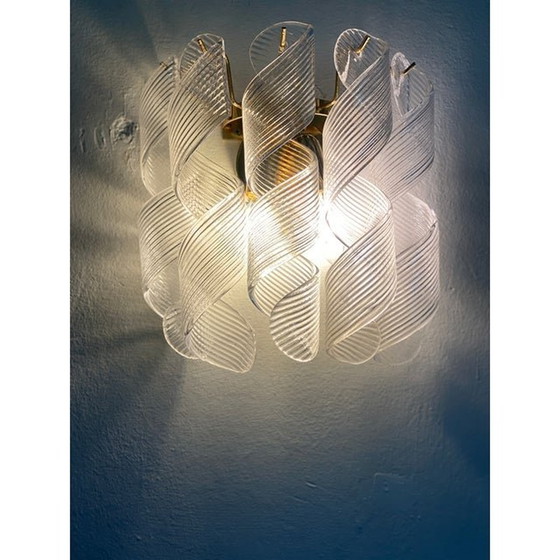 Image 1 of Set Of Two Transparent “Ricci” Murano Glass Gold 24K Wall Sconces In Mazzega Style