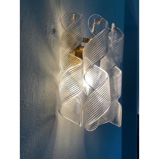 Set Of Two Transparent “Ricci” Murano Glass Gold 24K Wall Sconces In Mazzega Style