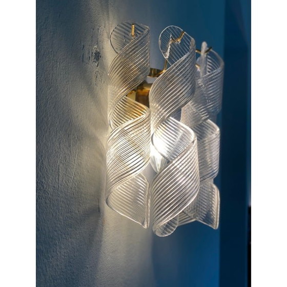 Image 1 of Set Of Two Transparent “Ricci” Murano Glass Gold 24K Wall Sconces In Mazzega Style