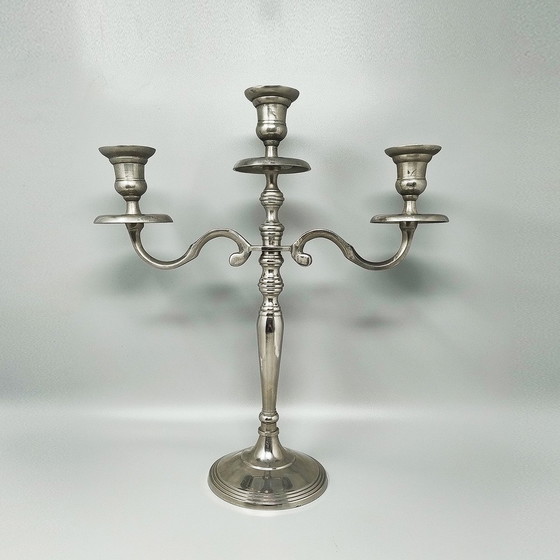 Image 1 of 1950S Stunning Candelabra For Three Candles In Stainless Steel. Handmade. Made In Italy