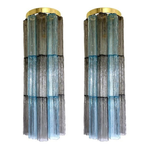 Set Of 2 Contemporary Grey And Light-Blue "Tronchi" Murano Glass Wall Sconce