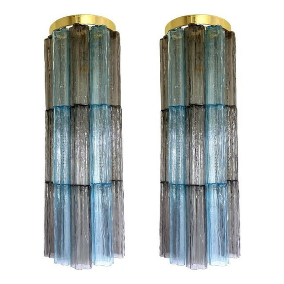 Image 1 of Set Of 2 Contemporary Grey And Light-Blue "Tronchi" Murano Glass Wall Sconce