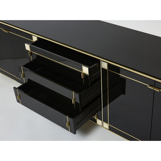 Image 1 of Vintage sideboard in black lacquer, brass and mother-of-pearl by Pierre Cardin, 1980