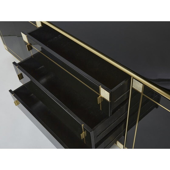 Image 1 of Vintage sideboard in black lacquer, brass and mother-of-pearl by Pierre Cardin, 1980