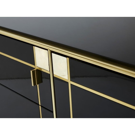 Image 1 of Vintage sideboard in black lacquer, brass and mother-of-pearl by Pierre Cardin, 1980