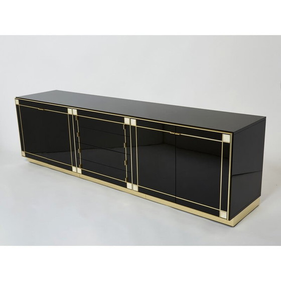 Image 1 of Vintage sideboard in black lacquer, brass and mother-of-pearl by Pierre Cardin, 1980