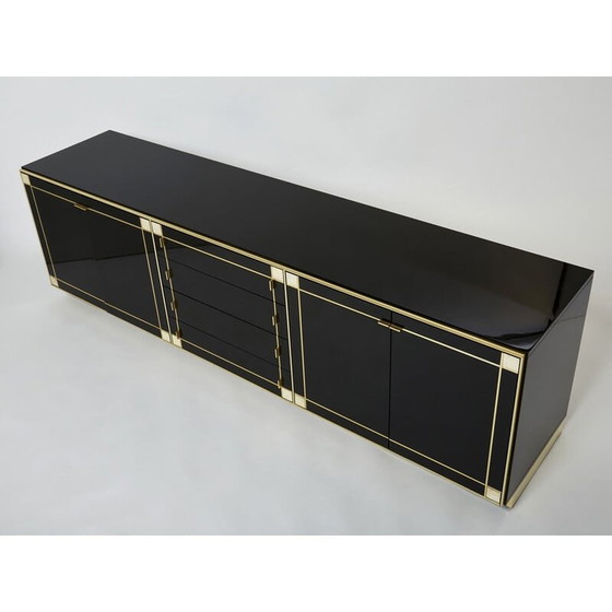 Image 1 of Vintage sideboard in black lacquer, brass and mother-of-pearl by Pierre Cardin, 1980