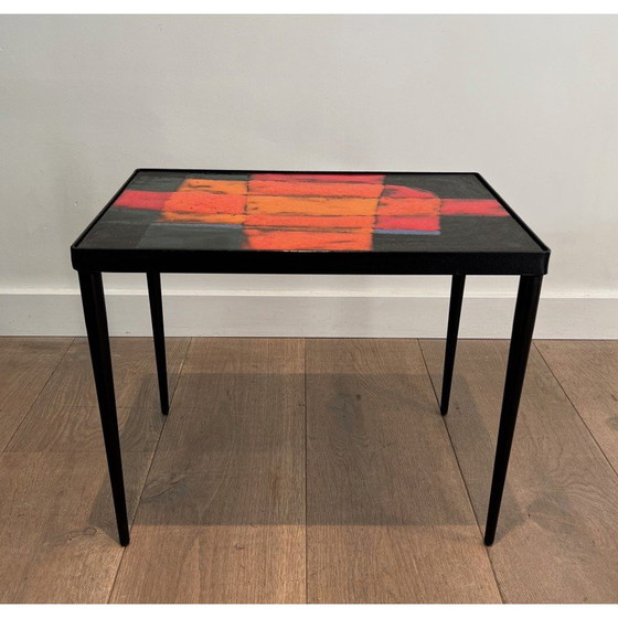 Image 1 of Vintage lacquered metal and ceramic table, France 1950