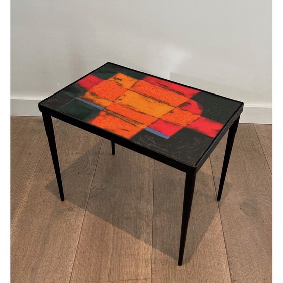Image 1 of Vintage lacquered metal and ceramic table, France 1950