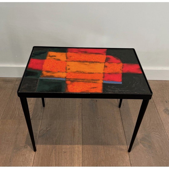 Image 1 of Vintage lacquered metal and ceramic table, France 1950