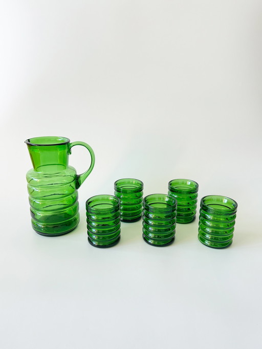 Vintage glasses and carafe set, 6-piece, green drinking set made of glass, bubble glass