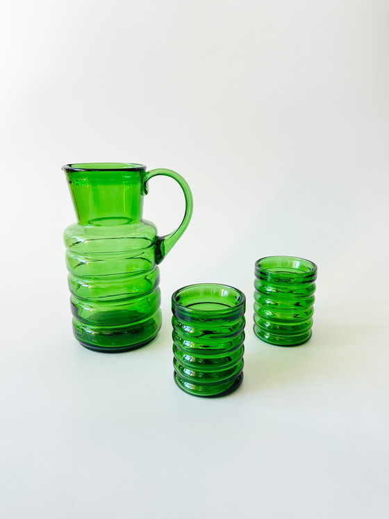 Image 1 of Vintage glasses and carafe set, 6-piece, green drinking set made of glass, bubble glass