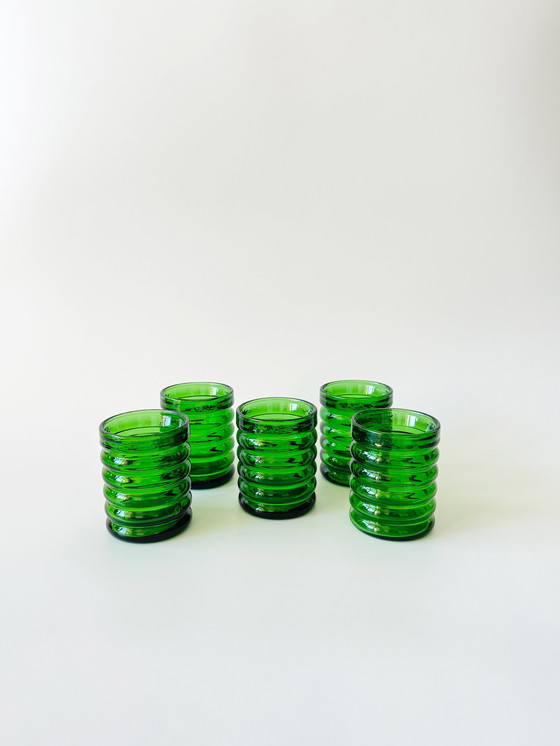 Image 1 of Vintage glasses and carafe set, 6-piece, green drinking set made of glass, bubble glass