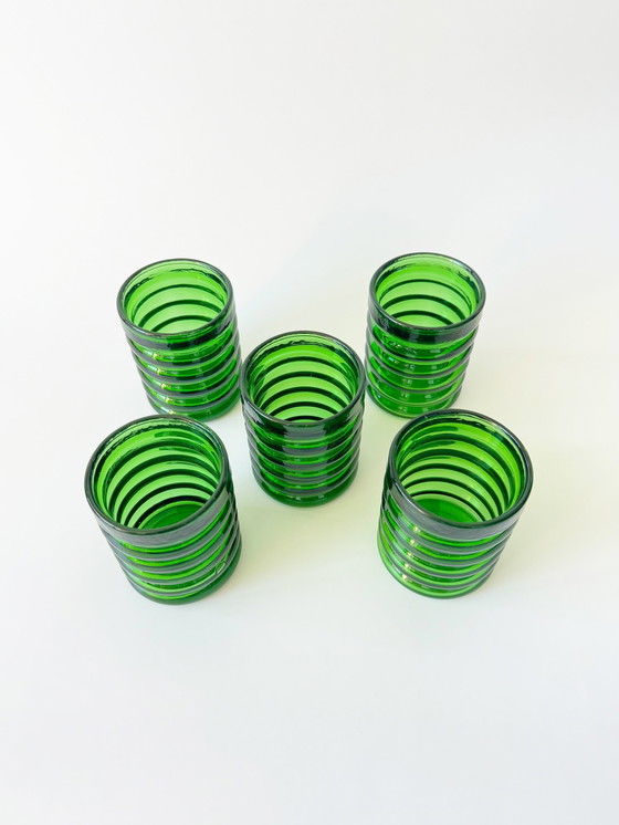Image 1 of Vintage glasses and carafe set, 6-piece, green drinking set made of glass, bubble glass