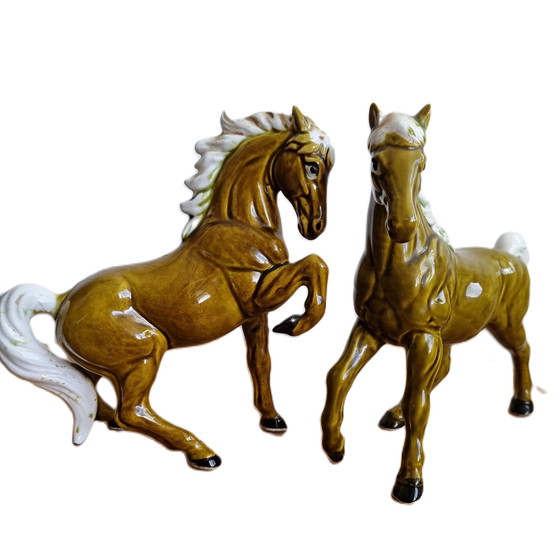 Image 1 of Ceramic olive green horses Japan, 1960s