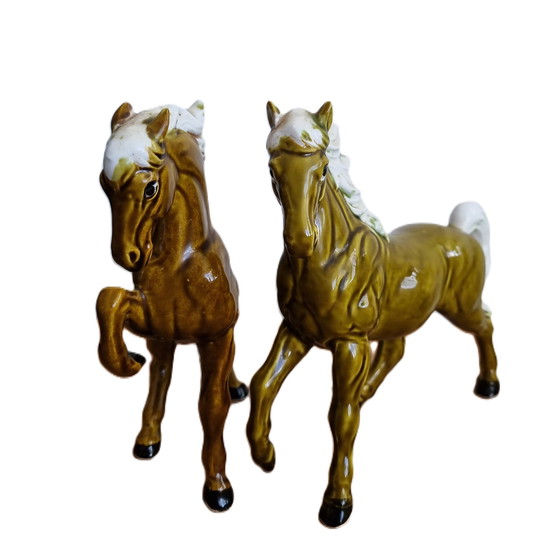 Image 1 of Ceramic olive green horses Japan, 1960s