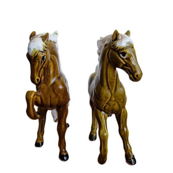 Image 1 of Ceramic olive green horses Japan, 1960s