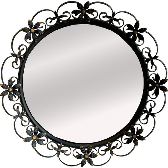 Image 1 of Round convex vintage mirror with a decorative metal frame