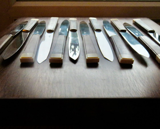 Image 1 of 12x Art Deco Knives With Exotic Wood And Ivory Handles. France 1940