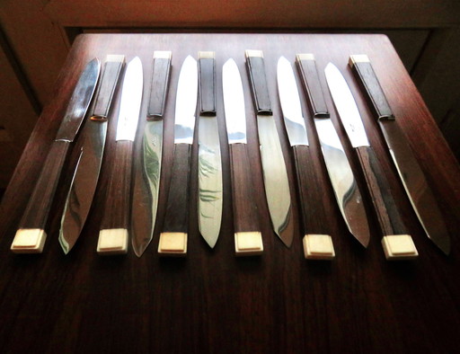 12x Art Deco Knives With Exotic Wood And Ivory Handles. France 1940