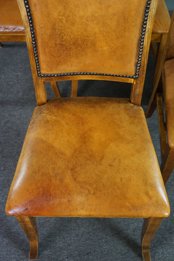 Image 1 of Set of six sheep leather dining chairs with light wood frame