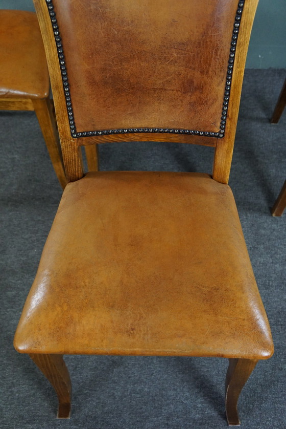 Image 1 of Set of six sheep leather dining chairs with light wood frame